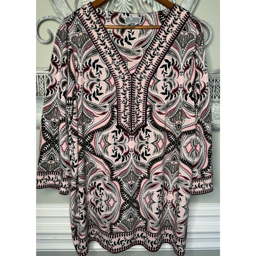 JM Collection Woman Pink Paisley Rhinestone V-Neck Tunic Top 3X Plus Size Blouse